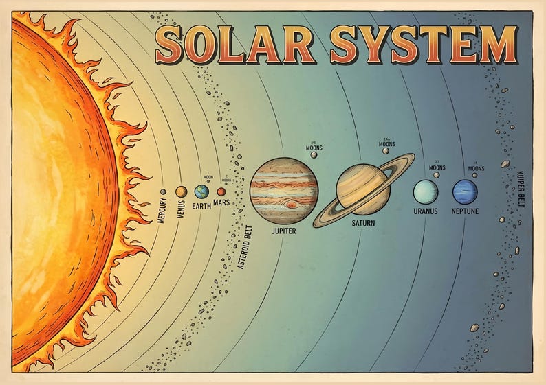 Vintage Solar System Poster | Retro Space Planets Chart (digital ...