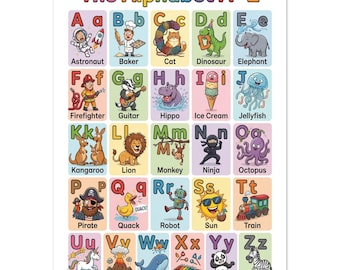 Barnalfabetposter A-Ö | Lär dig ABC Rolig och pedagogisk väggkonst | Barnrumsdekor | Present till småbarn
