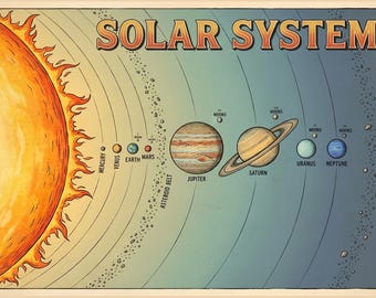 Planeter och solsystemet-affisch | Retro rymd digital nedladdning