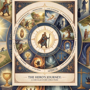 May include: A circular diagram titled "The Hero's Journey" with illustrations depicting stages of a story. The design features a central figure surrounded by images and text, including "Ordinary World," "Call to Adventure," and "The Reward." The color palette includes blues, browns, and gold.