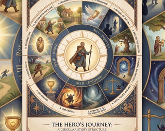 Utskrivbar affisch med hjältens resa | Plottdiagram för berättelsestruktur | Guide till manus- och romanskrivning | Berättelsebåge för författare
