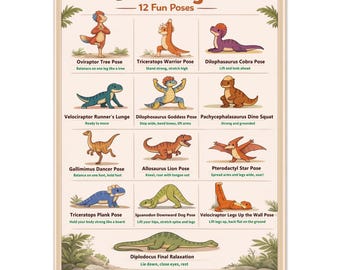 Dinosaurieyogaposter för barn | Diagram över 12 yogapositioner | Klassrumsdekor | Montessori Mindfulness-väggkonst