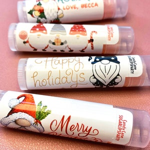 Happy Holidays Gnome Theme Lip Balm Party Favors | Personalized Chapstick with Christmas Gnomes | Candy Cane Lip Balm | Garden Gnome