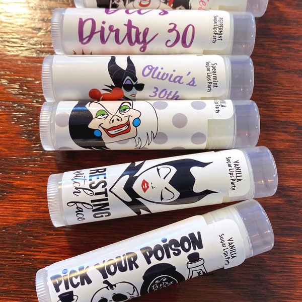 VILLAINS Evil Witches | Lip Balm for Birthday Party Favors | Bachelorette Chapstick | Maleficent Ursula Evil Queen Cruella Lip Balm