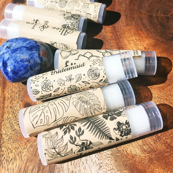 SUCCULENT Floral Wedding Kraft Paper Lip Balm | Rustic, Eco-Friendly, Natural | Party Chapstick Favors | Brown Paper Label Black Ink