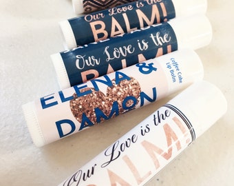 12 Our Love is the Balm Navy and Rose Gold Custom Wedding Favor | Lip Balm Party Favors | Personalized Chapstick multipack for bridal shower