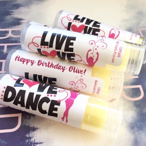 DANCE Birthday Party Favors | Ballet, Hula, Dancing Theme Lip Balm | Birthday Party Chapstick | Tumbling, Dance, Live Love Dance Lip Balm