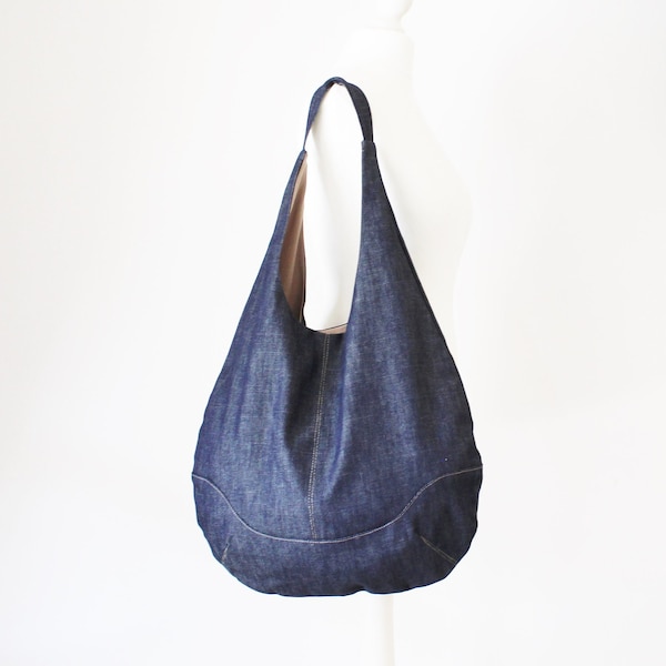 Design bag in jeans, custom every day tote, shoulder bag jeans, fabric bag with leather handles