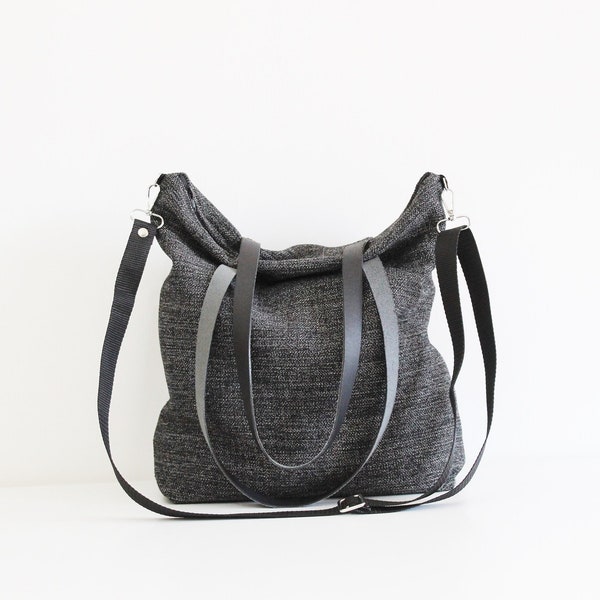 Sac en tissu lourd noir-gris, bandoulière en tissu gris, sac polyvalent, bandoulière noire minimale