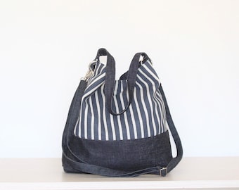 Zweifarbige Stofftasche, Canvas- und Jeanstasche, gestreifte Umhängetasche, Jeans-Umhängetasche, vegane Tasche, Leinentasche