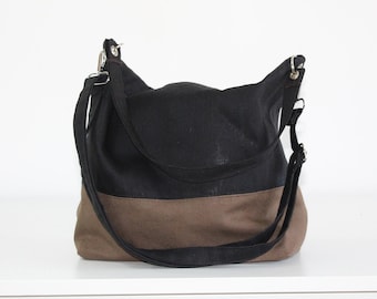 bolso de tela, bolso negro y marrón, bolso de algodón negro, bolso de tela con cremallera, bandolera de tela marrón