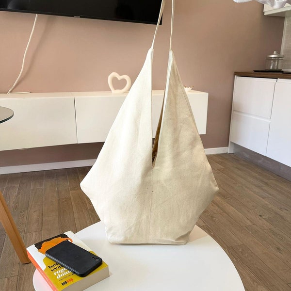 Design-Tasche aus beiger Baumwolle, geometrische Tasche, Alltagstasche, Italien-Design-Tasche