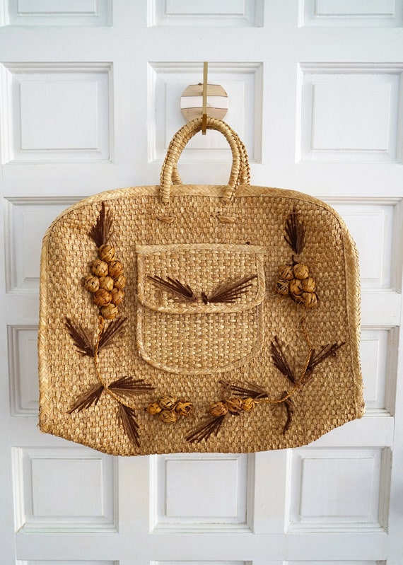Vintage Large Woven Straw and Palm Boho Beach Bag Tote - Gem