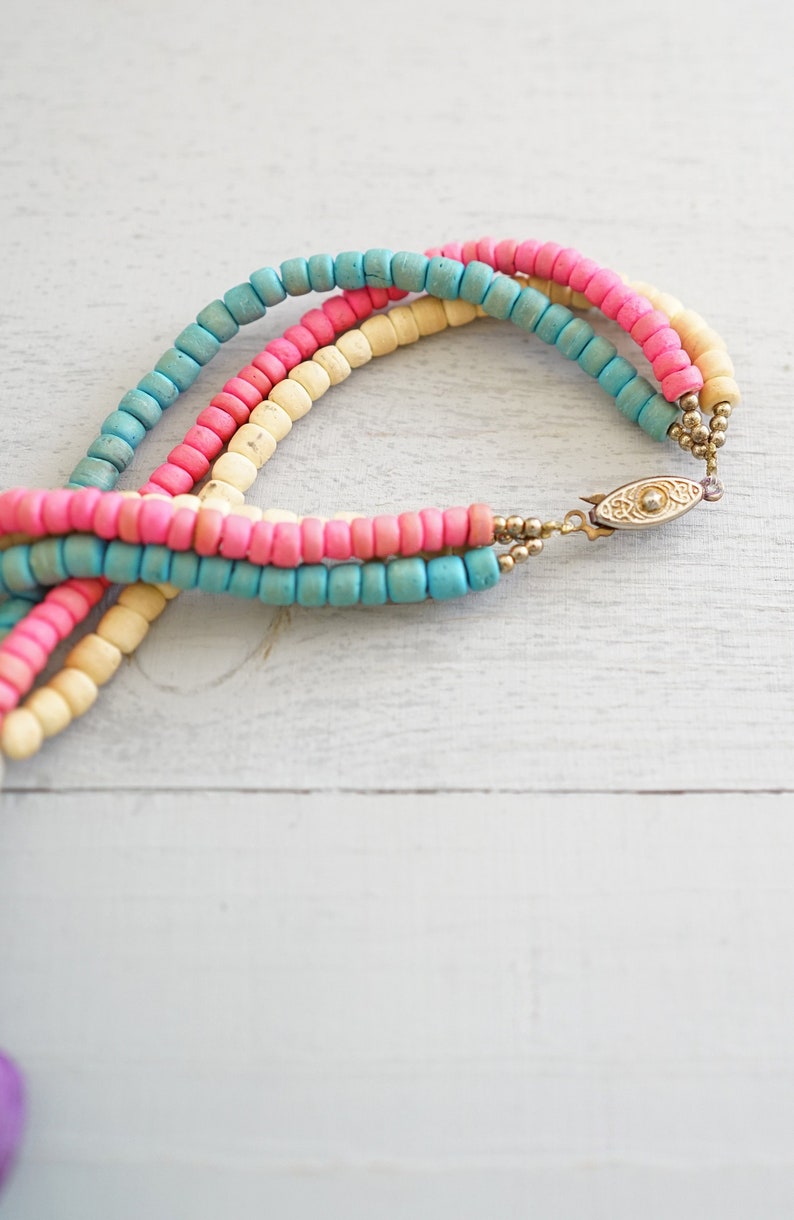 Playful Vintage Colorful Wooden Hibiscus Flower Necklace With Matching Earrings