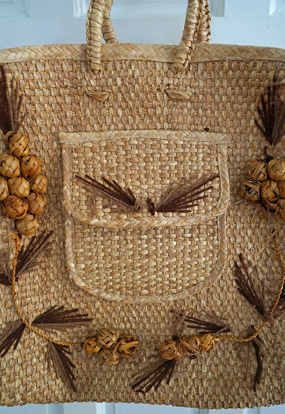 Vintage Large Woven Straw and Palm Boho Beach Bag Tote - Gem