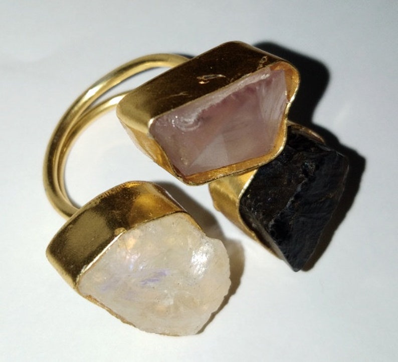Rough Citrine Ring Raw Tourmaline Ring Rose Quartz Ring Adjustable Ring Gold Plated Ring Three Stone Ring Brass Stacking Ring