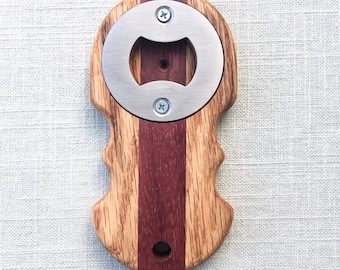 Bottle opener, oak, purple heart