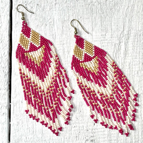 Hot pink fuchsia beige white Beaded Earrings - Fashion - Lightweight - free shipping - Handmade - bohemian, modern boho, Indian style