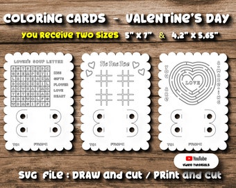 Set 3 Svg Coloring Card Valentines Day Kids Tic Tac Toe Maze Lovers Soup Letter Scalloped Crayon Holder Card Template Cutting File Cricut