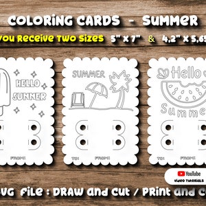 Svg 3 Coloring Card Summer Kids Hello Summer Ice cream Watermelon Beach Scalloped Crayon Holder Card Template SVG Cricut School