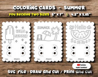 Svg 3 Coloring Card Summer Kids Hello Summer Ice cream Watermelon Beach Scalloped Crayon Holder Card Template SVG Cricut School