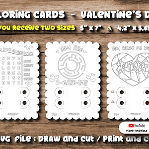 Set 3 Svg Coloring Card Valentines Day Kids Maze Letter Soup Color By Shape Love Scalloped Crayon Holder Card Template Cutting File Cricut