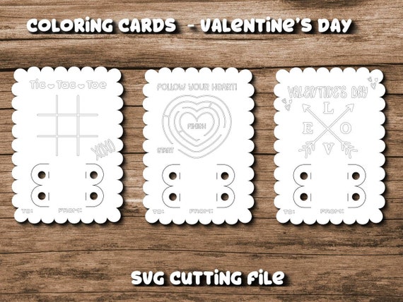 Download Set 3 Svg Coloring Card Valentines Day Kids Tic Tac Toe Maze Etsy