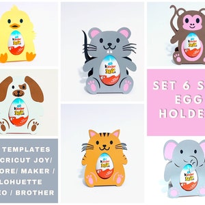 Set 6 SVG Easter Egg Holder Elephant Dog Cat Mouse Duck Monkey Kinder Joy Egg Svg pour Cricut Joy Cricut Maker, Explore, Cameo ScanNCut Laser