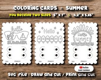 Svg 3 Coloring Card Summer Kids Hello Summer Sunglasses Ice cream Sun Scalloped Crayon Holder Card Template SVG Cricut School