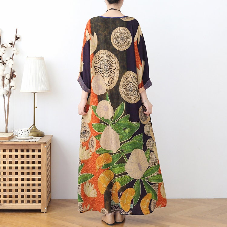 Womens Summer Retro Loose Fitting Printed Floral Robe Dress - Etsy