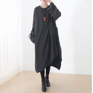 Womens Autumn Loose Fitting Batwing Sleeve Drawstring Irregular Knitted Cotton Dress, Casual Dress, Long Dress, Autumn Dress,Dress For Women