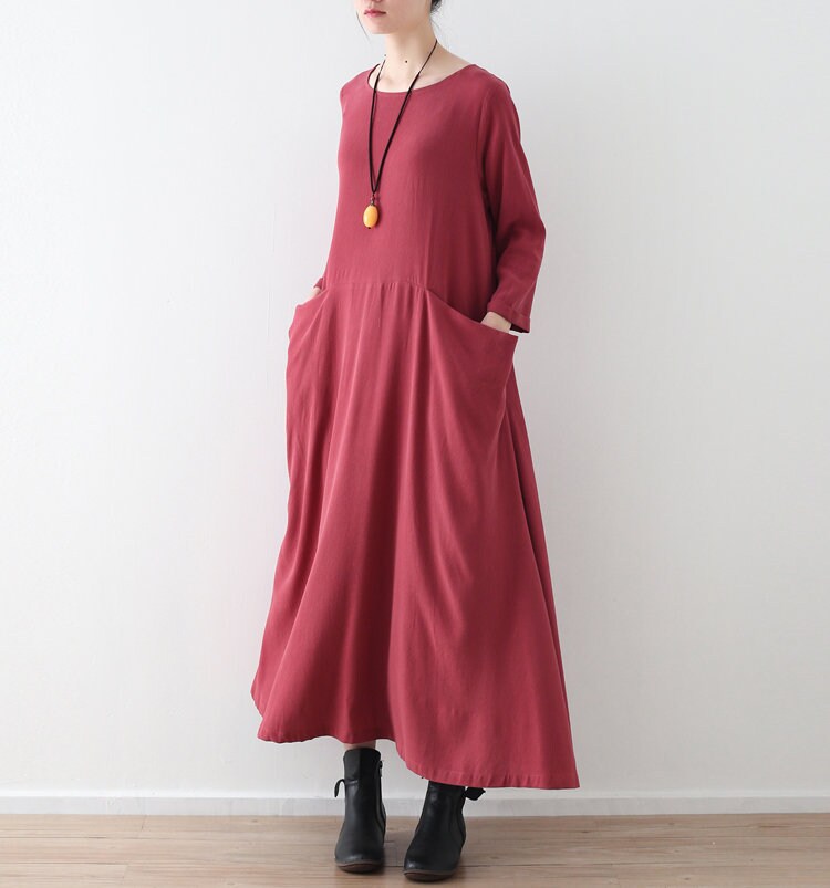 Womens Autumn Elegant Minimalist Cotton Linen Dress With - Etsy