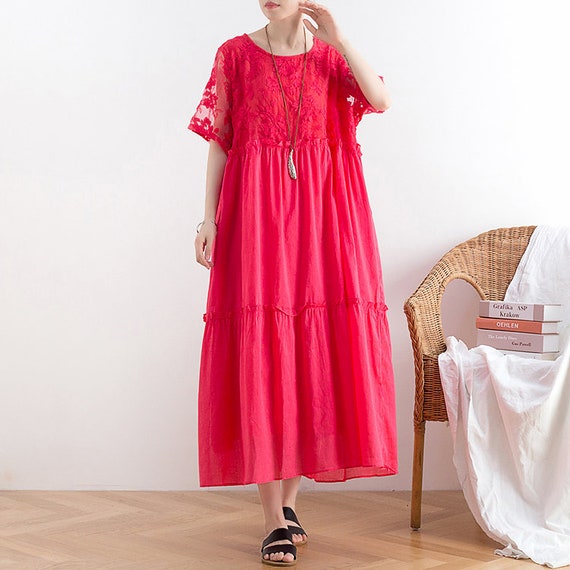 Womens Summer Loose Fitting A Line Style Embroidery Lace Dress