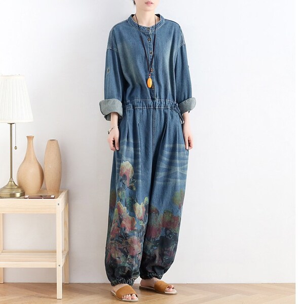 Womens Retro Loose Fitting Printed Floral Denim Cotton Jumpsuit With Pockets, Womans Casual Jumpsuit, Denim Jumpsuit, Jumpsuit For Women