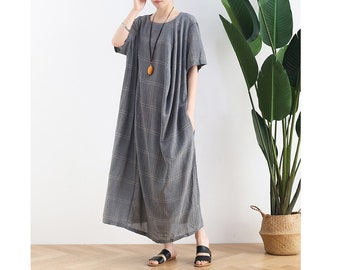 Womens Summer Loose Fitting Irregular Hem Plaid Cotton Robe Dress With Pockets, Womans Casual Dress, Long Dress, Summer Dress, Bust>130CM