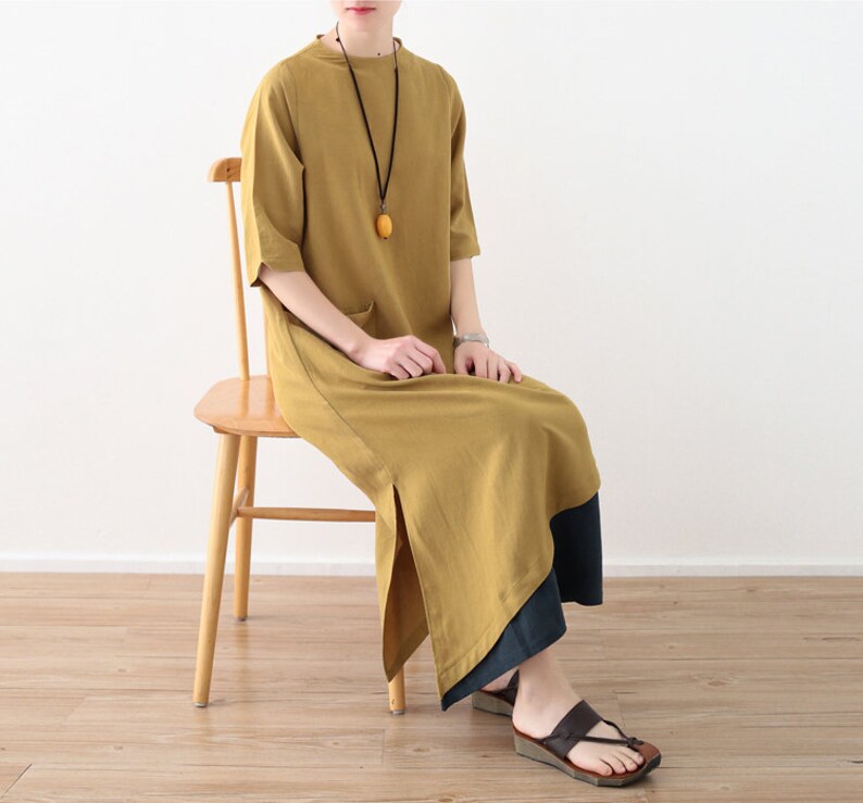 Summer Dress For Women Womens Summer Loose Fitting Irregular Patchwork Cotton Linen Robe Dress With Pocket Womans Casual Dress Long Dress