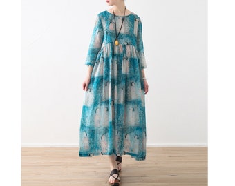 Womens Summer Loose Fitting Elegance Printed Floral A Line Style Linen Robe Dress With Pockets, Womans Casual Dress, Long Dress,Summer Dress