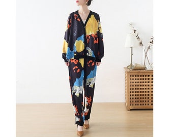 Womens Loose Fitting Printed Floral V Neck Chiffon Blouses And Pants, Pants Suit, Two Pieces Set, Casual Blouses, Casual Tops, Loose Pants