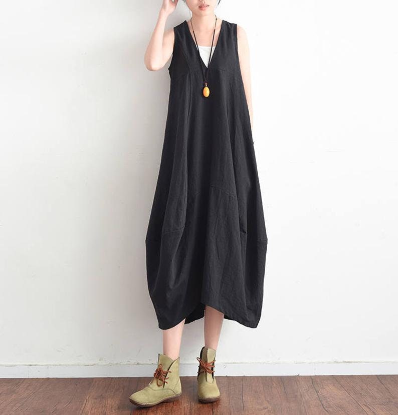 Womens Summer Loose Fitting Retro V Neck Sleeveless Linen Dress Robe ...