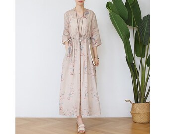 Womens Summer Loose Fitting V Neck Printed Floral Linen Robe Dress With Pockets, Womans Casual Dress, Long Dress, Travel Dress, Summer Dress