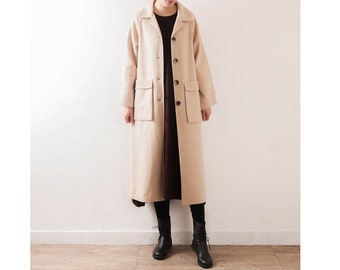 Womens Autumn Winter Elegance Minimalist Tailored Collar Wool Coat With Pockets, Womans Casual Coat, Long Coat, Wool Coat, Coat For Women