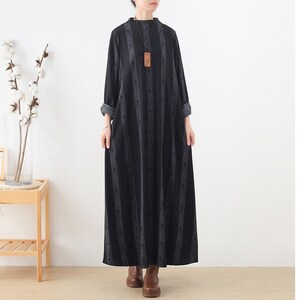 Womens Autumn Winter Loose Fitting Ethnic Style Stand Collar A Line Dress With Pockets, Casual Dress, Long Dress, Autumn Dress, Winter Dress