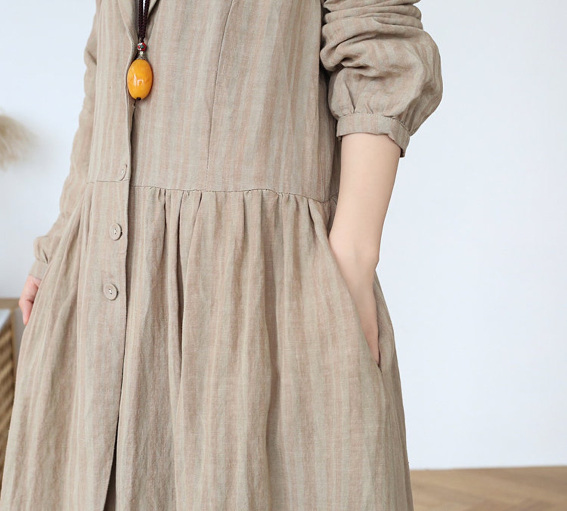 Womens Retro Loose Fitting Turnover Collar Linen Robe Dress - Etsy