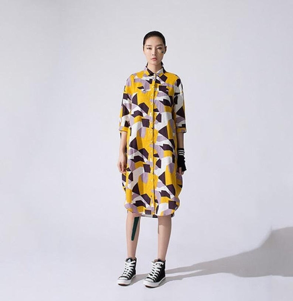Retro Color Matching Drawstring Loose Women'S Dress
