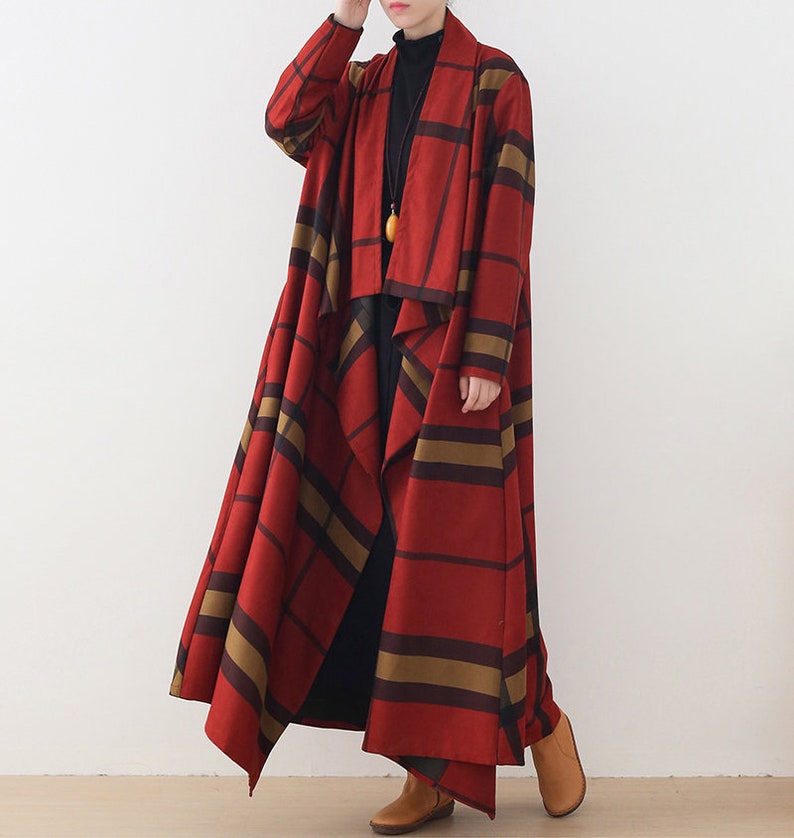 Casual Outerwear Womens Autumn Winter Loose Fitting Fashion Irregular Plaid Cotton Polyester Trench Coat With Pockets Casual Trench Coat