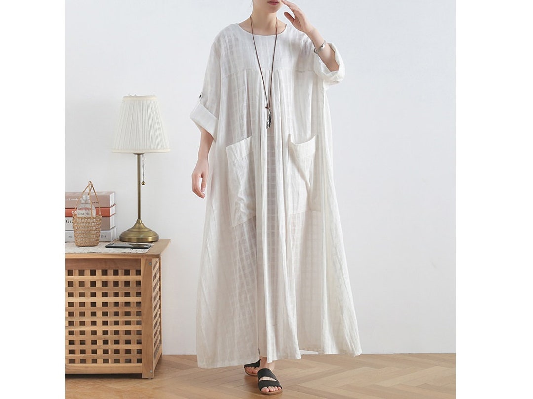 Womens Retro Summer Loose Fitting Batwing Sleeve Plaid Cotton Robe ...