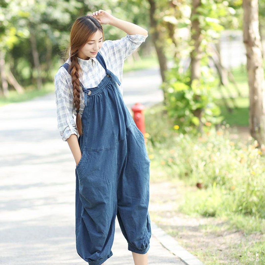 Fashion Women Denim Jumpsuit Loose Overalls Dress Long Suspender Skirts  Casual