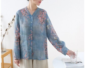Womens Spring Summer Retro Loose Fitting V Neck Printed Floral Linen Blouses, Casual Blouses, Casual Tops, Linen Tops, Blouses For Women