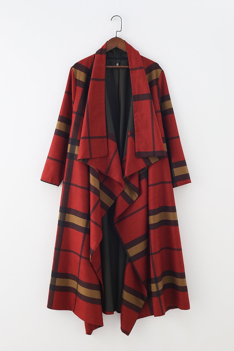Casual Outerwear Womens Autumn Winter Loose Fitting Fashion Irregular Plaid Cotton Polyester Trench Coat With Pockets Casual Trench Coat