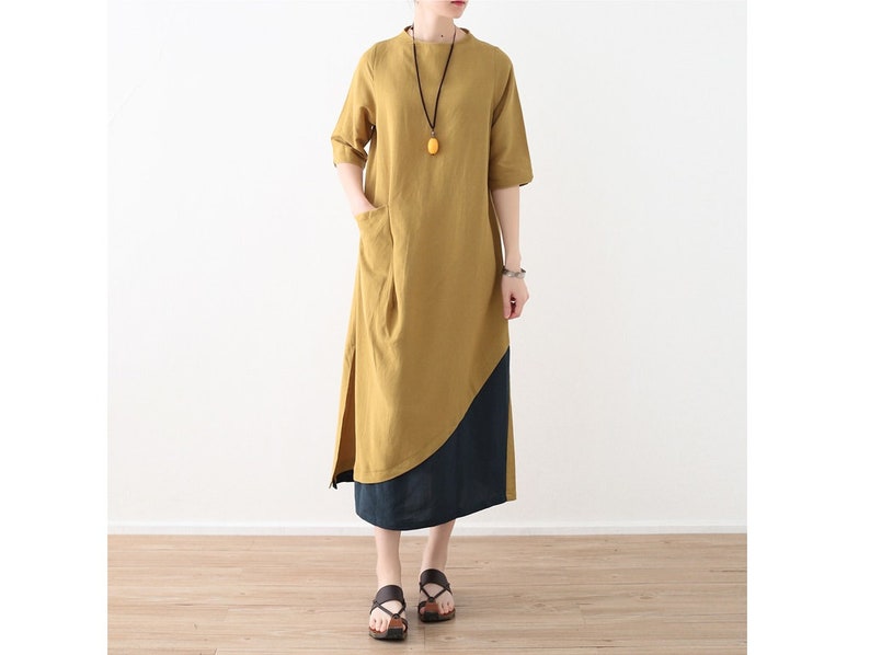 Summer Dress For Women Womens Summer Loose Fitting Irregular Patchwork Cotton Linen Robe Dress With Pocket Womans Casual Dress Long Dress
